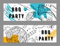 Two BBQ party flyers design templates. Outline sketch vector hand drawn illustration with different food and colorful spots